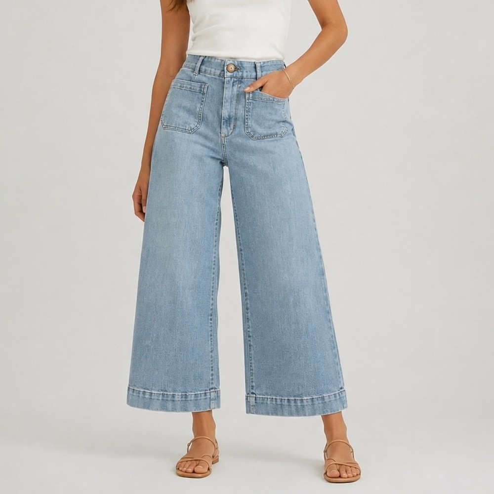 Maeve Anthropologie The Colette Crop Wide Leg High Rise Jeans Light Wash Size 31